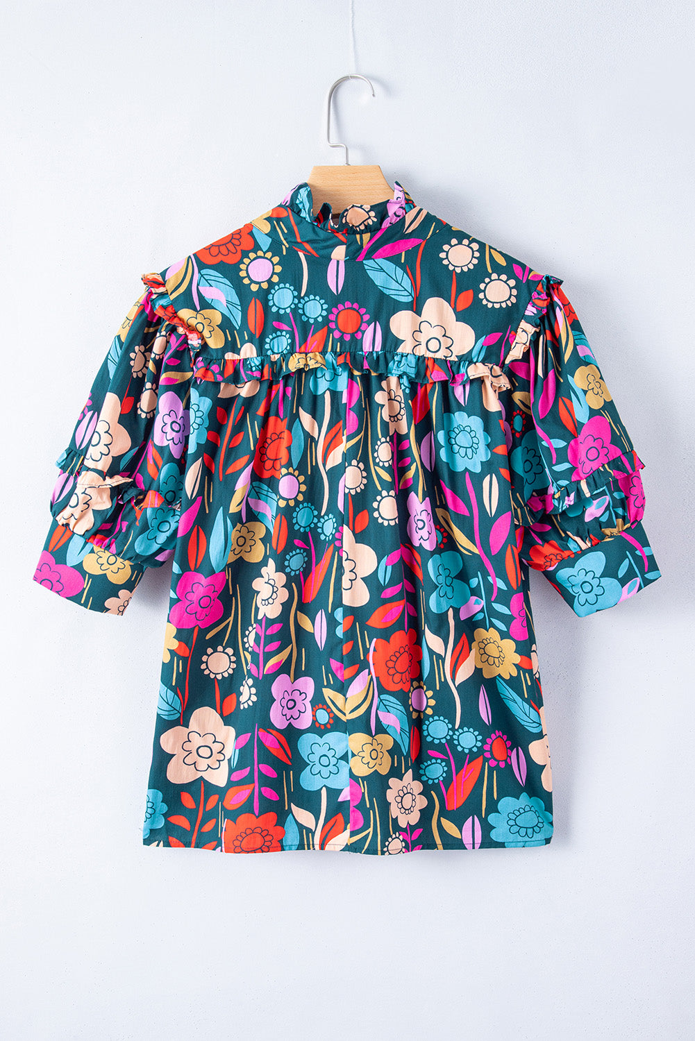 Green Floral Print Puff Sleeve Tied V Neck Blouse-Tops/Blouses & Shirts-[Adult]-[Female]-2022 Online Blue Zone Planet