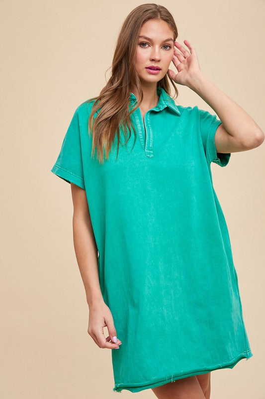 Annie Wear Mineral Washed Johnny Collar Short Sleeve Dress-TOPS / DRESSES-[Adult]-[Female]-Turquoise-S-2022 Online Blue Zone Planet