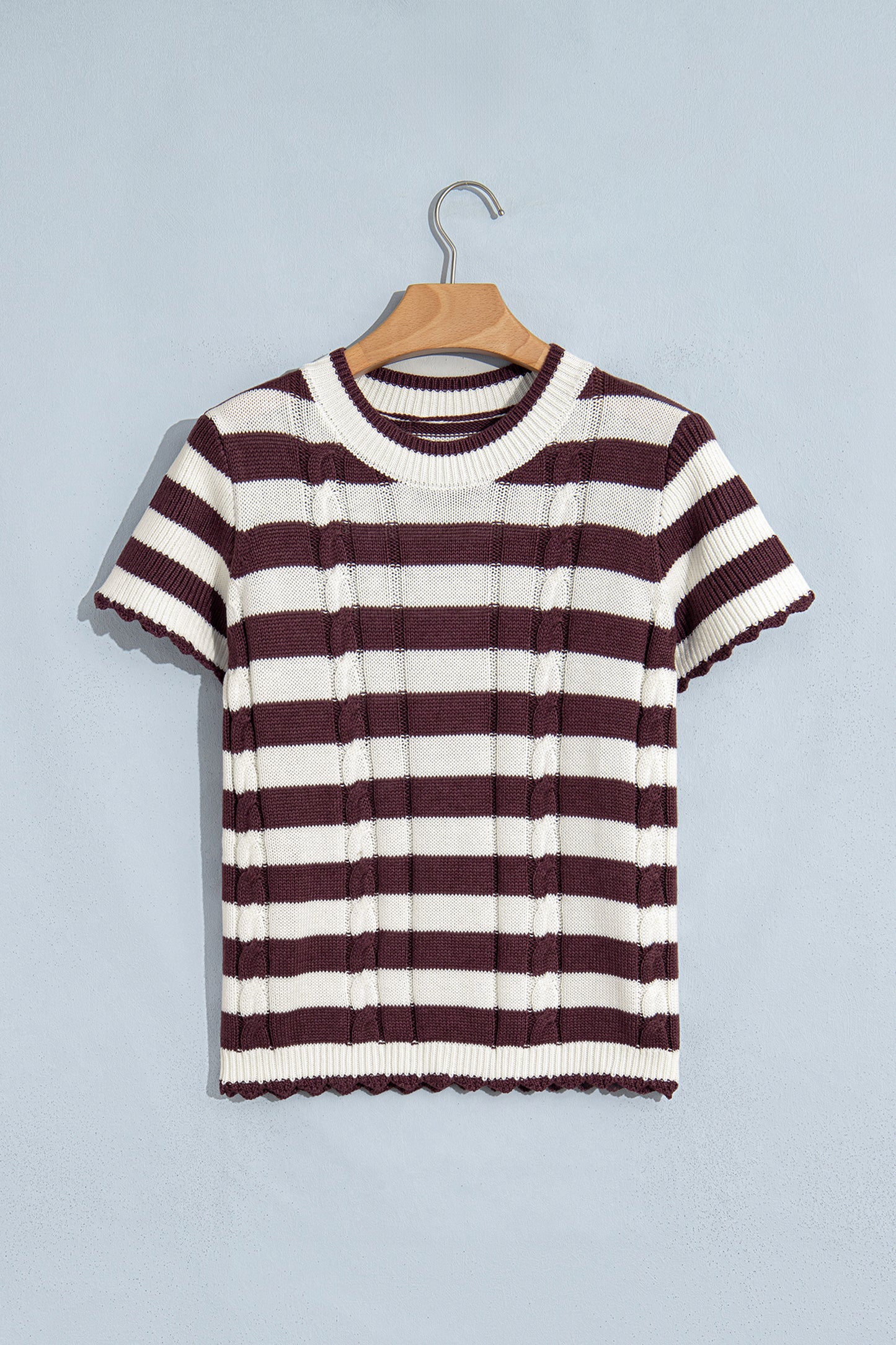 Brown Stripe Ribbed Knit Cable Detail Short Sleeve Sweater-TOPS / DRESSES-[Adult]-[Female]-2022 Online Blue Zone Planet