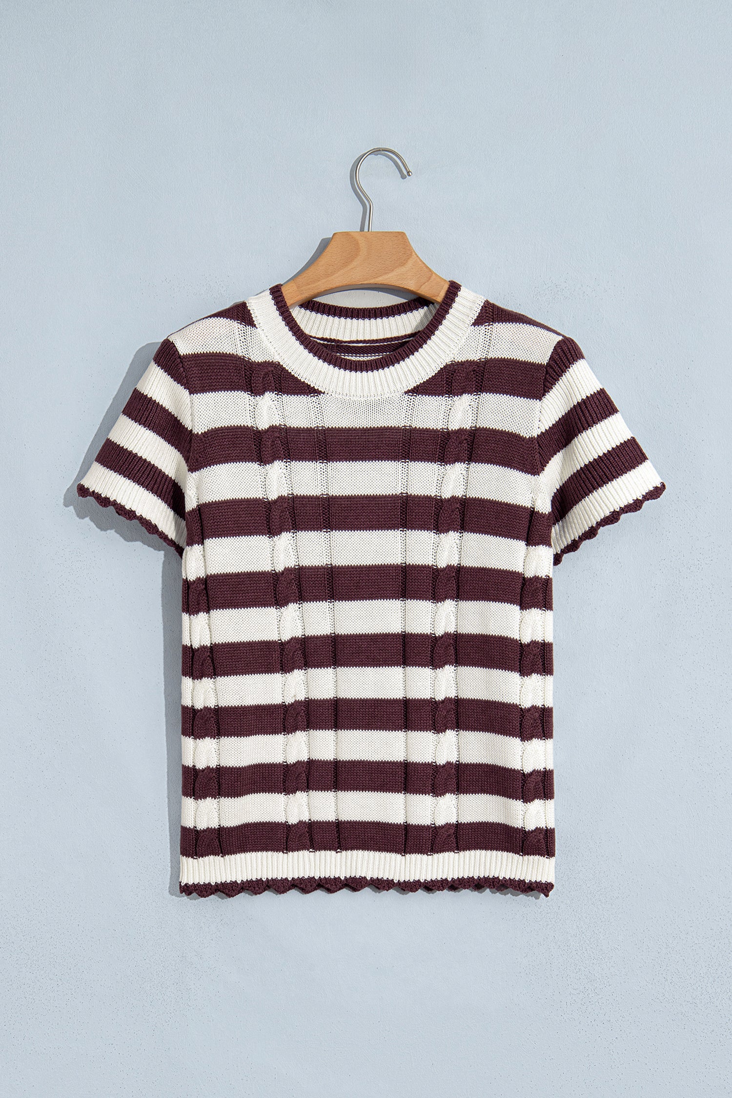 Brown Stripe Ribbed Knit Cable Detail Short Sleeve Sweater-TOPS / DRESSES-[Adult]-[Female]-2022 Online Blue Zone Planet