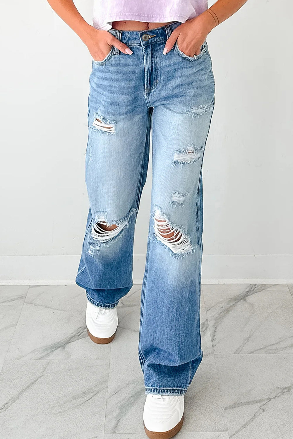 Myosotis Mid Rise Distressed Sneak Peek Straight Leg Jeans-Bottoms/Jeans-[Adult]-[Female]-2022 Online Blue Zone Planet