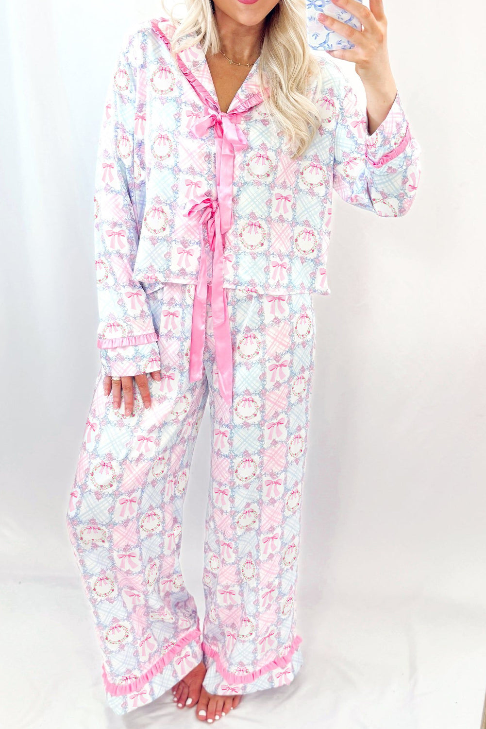 Pink Bow Wreath Pattern Christmas Holiday Tied Front Long Sleeve 2pcs Pajama Set-Loungewear & Sleepwear/Sleepwear-[Adult]-[Female]-Pink-S-2022 Online Blue Zone Planet