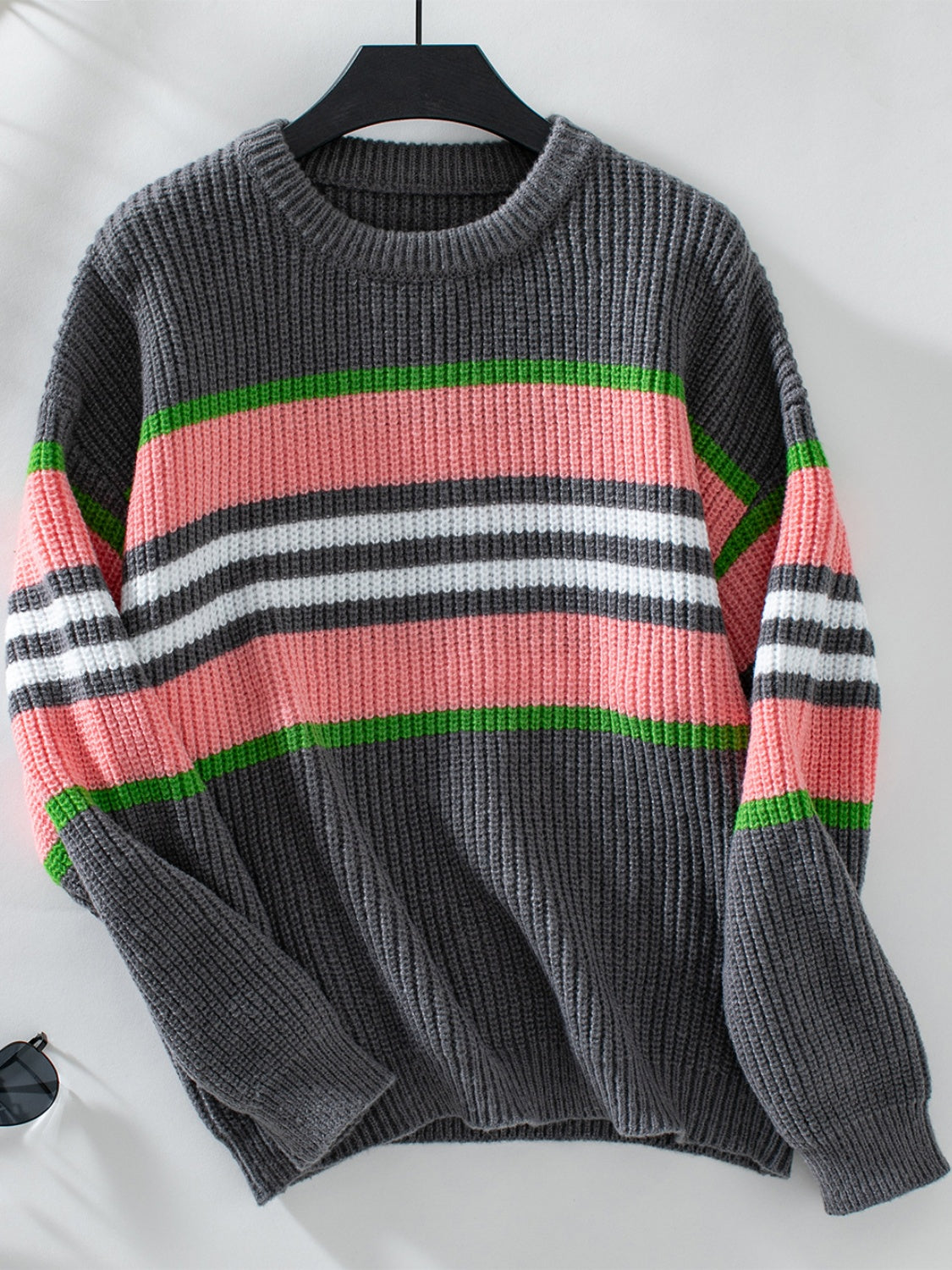 Contrast Stripes Round Neck Long Sleeve Sweater-TOPS / DRESSES-[Adult]-[Female]-Dark Gray-S-2022 Online Blue Zone Planet