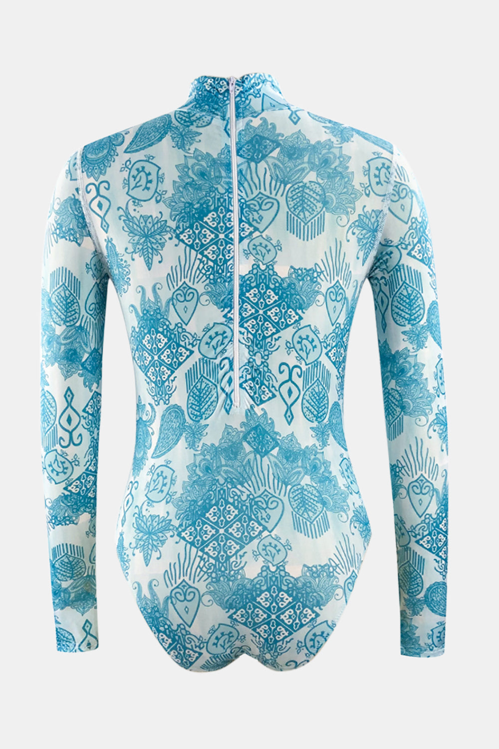 Printed Mock Neck Long Sleeve One-Piece Swimwear-TOPS / DRESSES-[Adult]-[Female]-2022 Online Blue Zone Planet