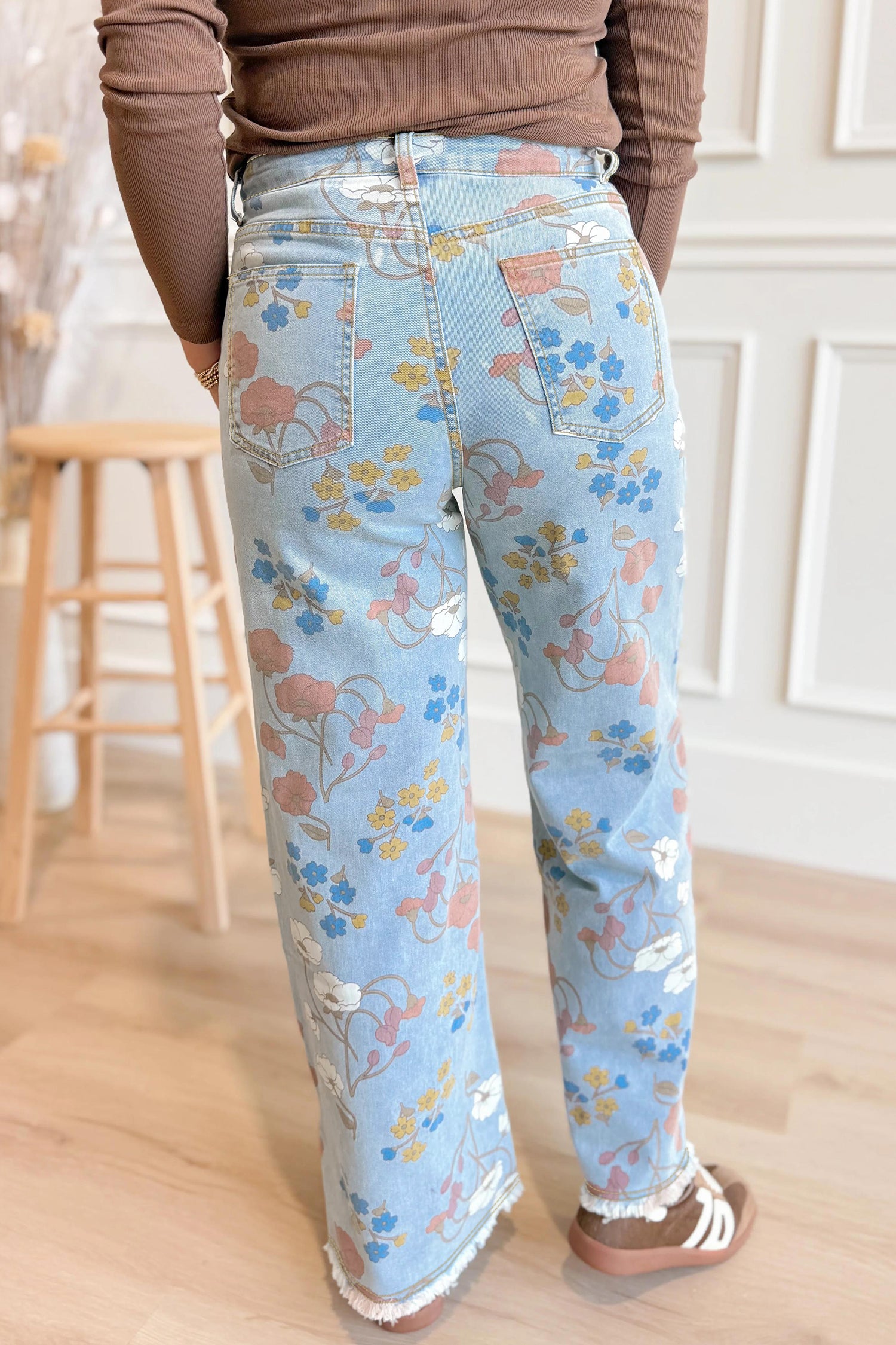 Sky Blue Floral Printed Raw Hem Shift Jeans-Bottoms/Jeans-[Adult]-[Female]-2022 Online Blue Zone Planet