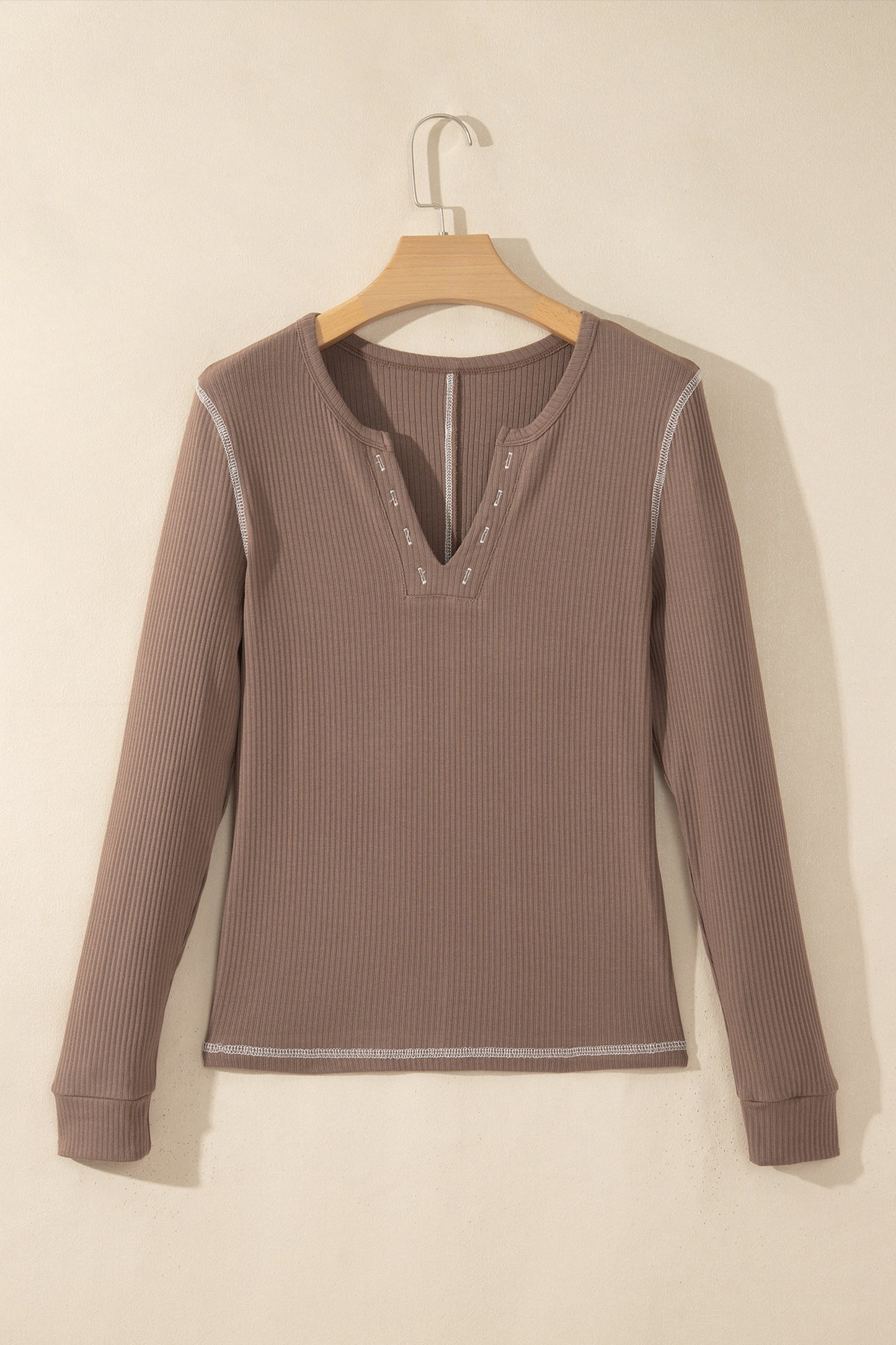 Dark Khaki V Neck Ribbed Stitched Detail Long Sleeve Top-Tops/Long Sleeve Tops-[Adult]-[Female]-2022 Online Blue Zone Planet