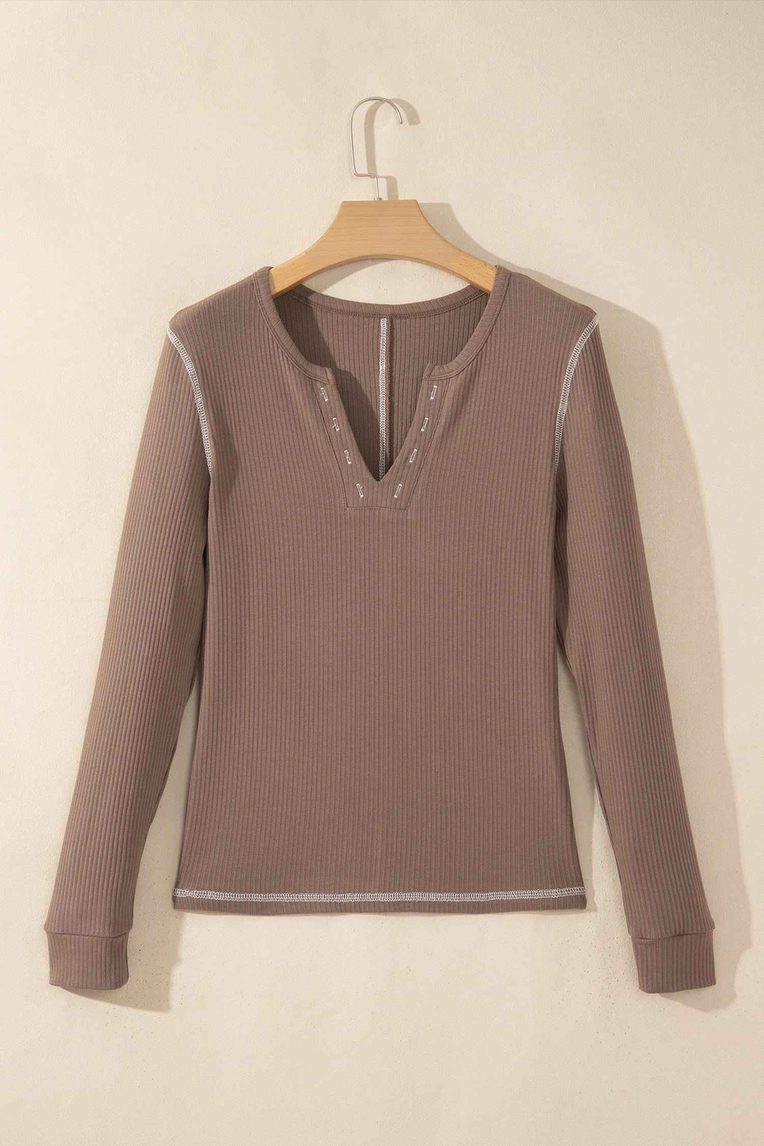 Dark Khaki V Neck Ribbed Stitched Detail Long Sleeve Top-Tops/Long Sleeve Tops-[Adult]-[Female]-2022 Online Blue Zone Planet