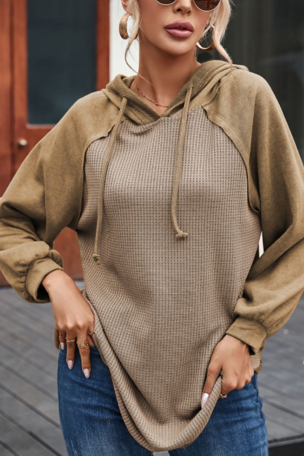 Waffled Knit Exposed Seam Drawstring Hoodie-TOPS / DRESSES-[Adult]-[Female]-2022 Online Blue Zone Planet