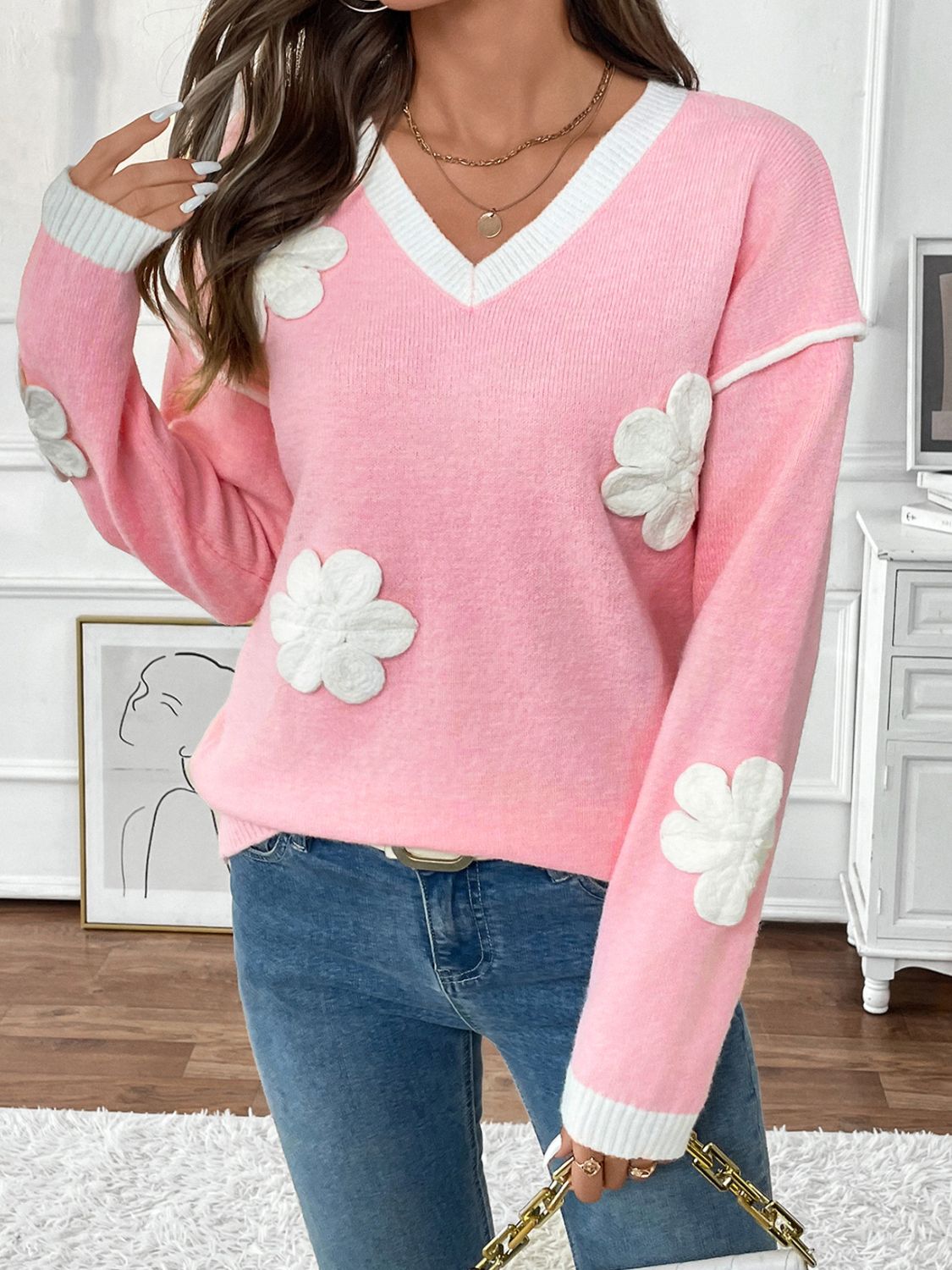 Perfee Flower V-Neck Long Sleeve Sweater-TOPS / DRESSES-[Adult]-[Female]-2022 Online Blue Zone Planet