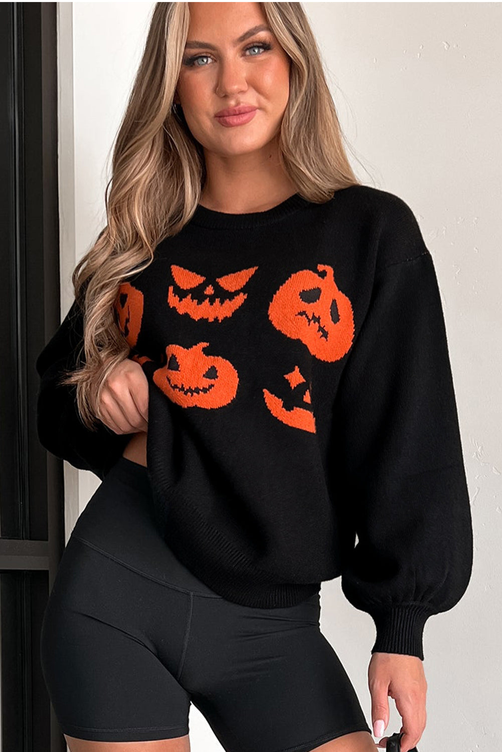 Blue Zone Planet | Black Halloween Pumpkin Face Pattern Drop Shoulder Sweater-Sweaters & Cardigans/Sweaters-[Adult]-[Female]-2022 Online Blue Zone Planet