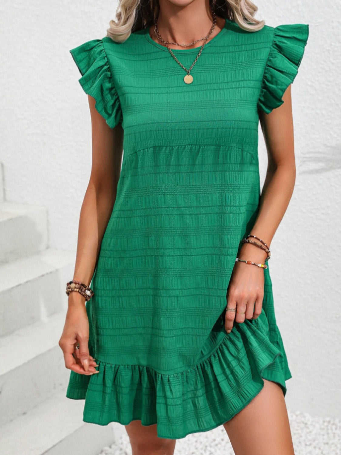 Ruffled Round Neck Cap Sleeve Mini Dress-TOPS / DRESSES-[Adult]-[Female]-Dark Green-S-2022 Online Blue Zone Planet