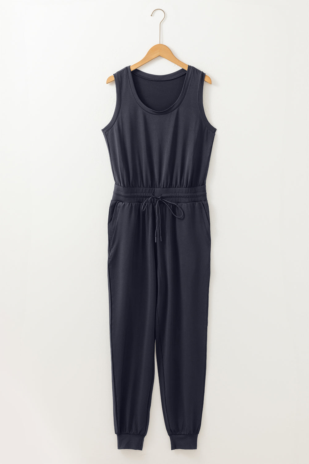 Black Casual Tank Style Tie Waist Pocketed Jogger Jumpsuit-Bottoms/Jumpsuits & Rompers-[Adult]-[Female]-2022 Online Blue Zone Planet