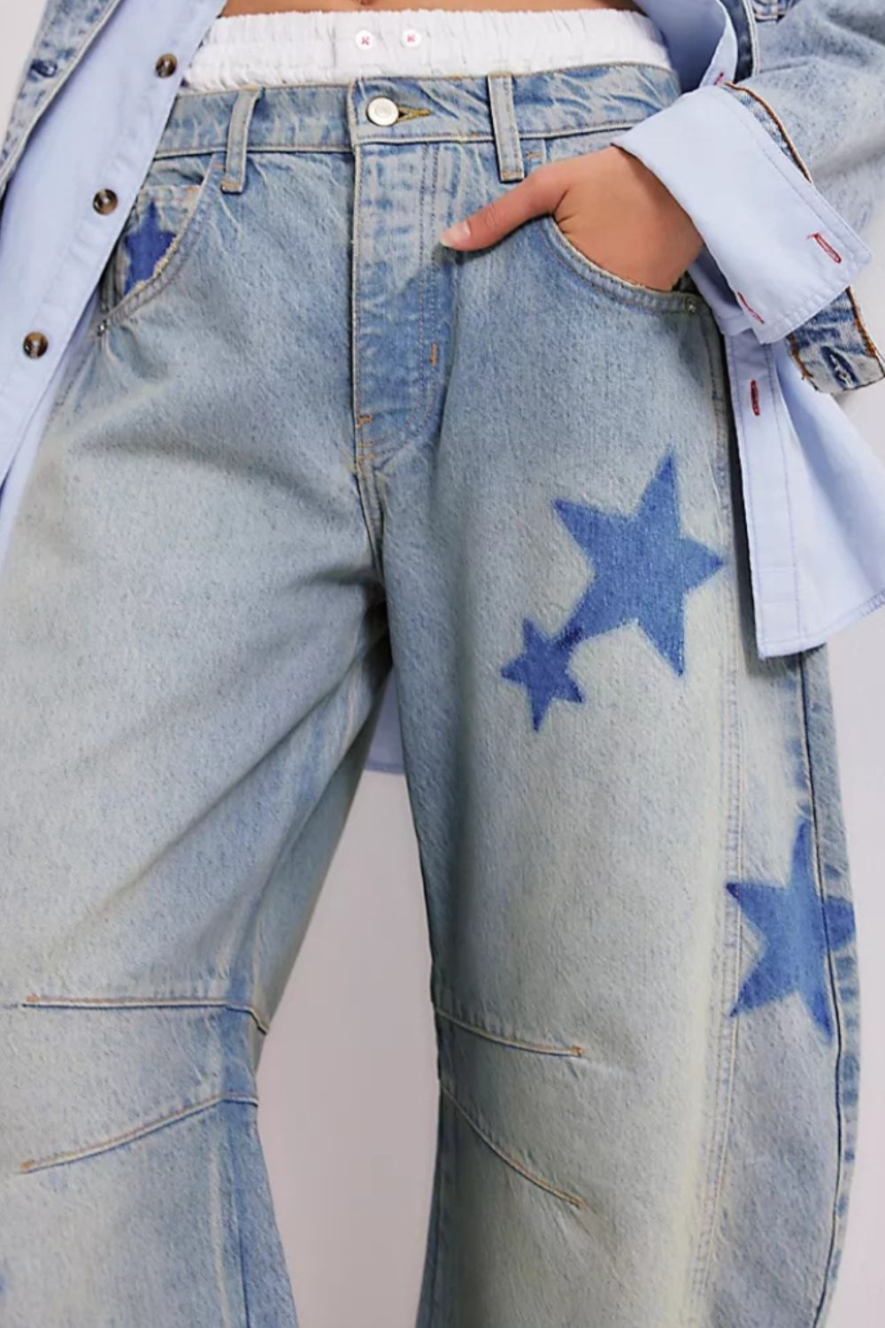 Contrast Star Wide Leg Jeans-BOTTOM SIZES SMALL MEDIUM LARGE-[Adult]-[Female]-2022 Online Blue Zone Planet