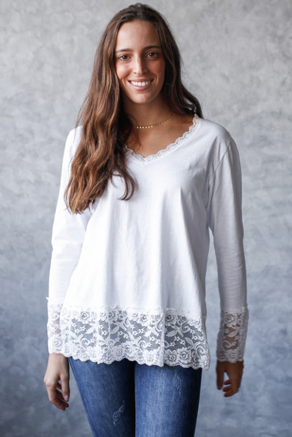 White Lace Trim V Neck Cuffed Long Sleeve Loose Top-Tops/Long Sleeve Tops-[Adult]-[Female]-2022 Online Blue Zone Planet