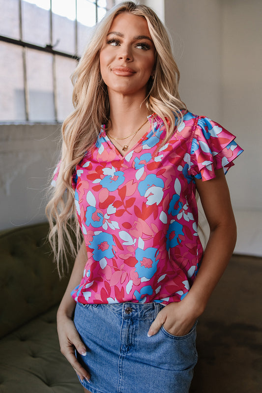 Rose Red Ruffled Sleeve Floral Blouse-Tops/Blouses & Shirts-[Adult]-[Female]-Rose Red-S-2022 Online Blue Zone Planet