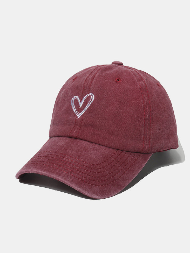 Embroidered Heart Washed Cotton Baseball Cap-HATS-[Adult]-[Female]-Burgundy-One Size-2022 Online Blue Zone Planet