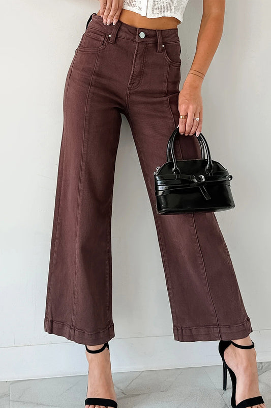 Red Sandalwood Solid Color Seamed Center Wide Leg Cropped Jeans-Bottoms/Jeans-[Adult]-[Female]-Red Sandalwood-4-2022 Online Blue Zone Planet