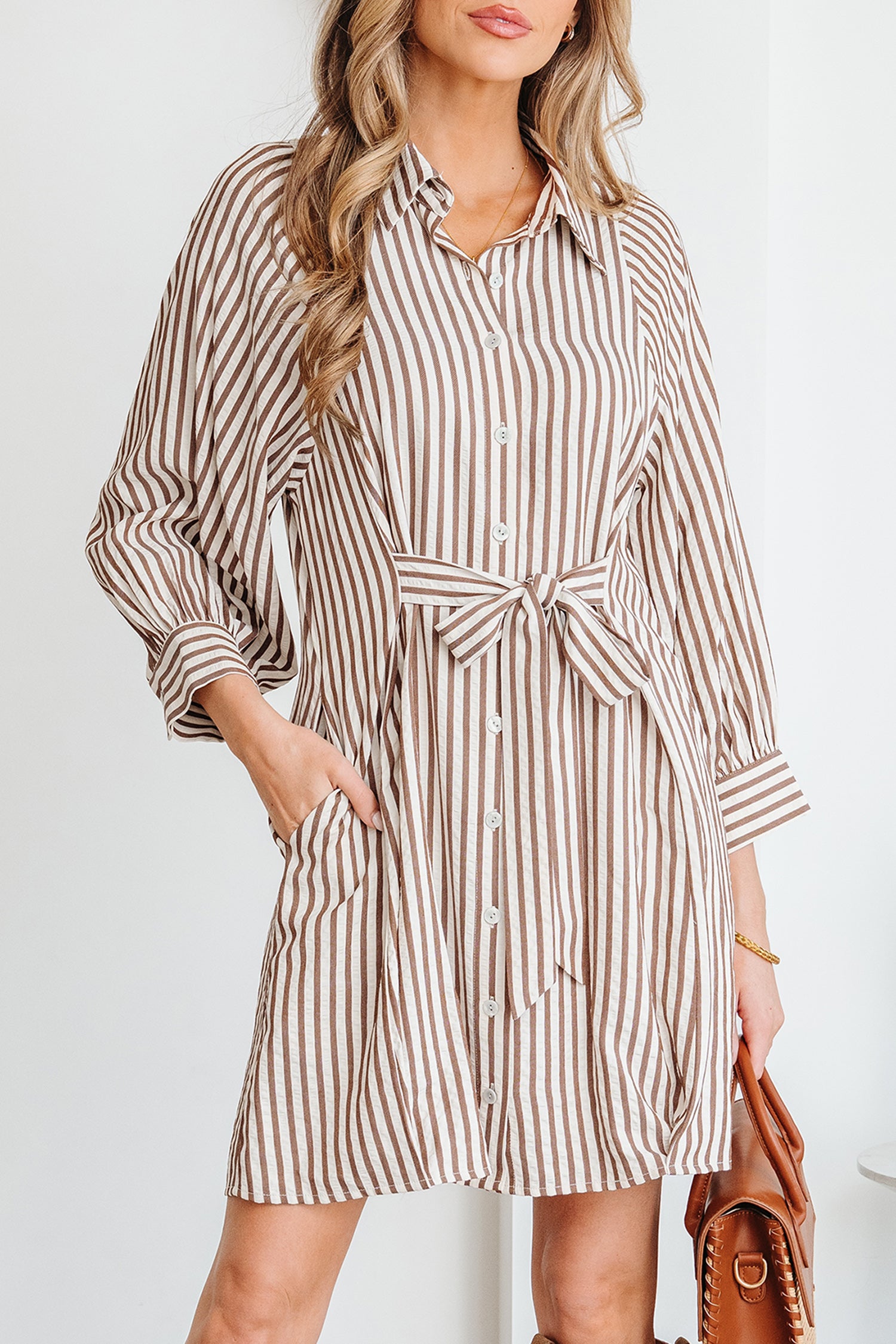 Brown Stripe Knot Waist Puff Sleeve Button Down Mini Shirt Dress-TOPS / DRESSES-[Adult]-[Female]-2022 Online Blue Zone Planet