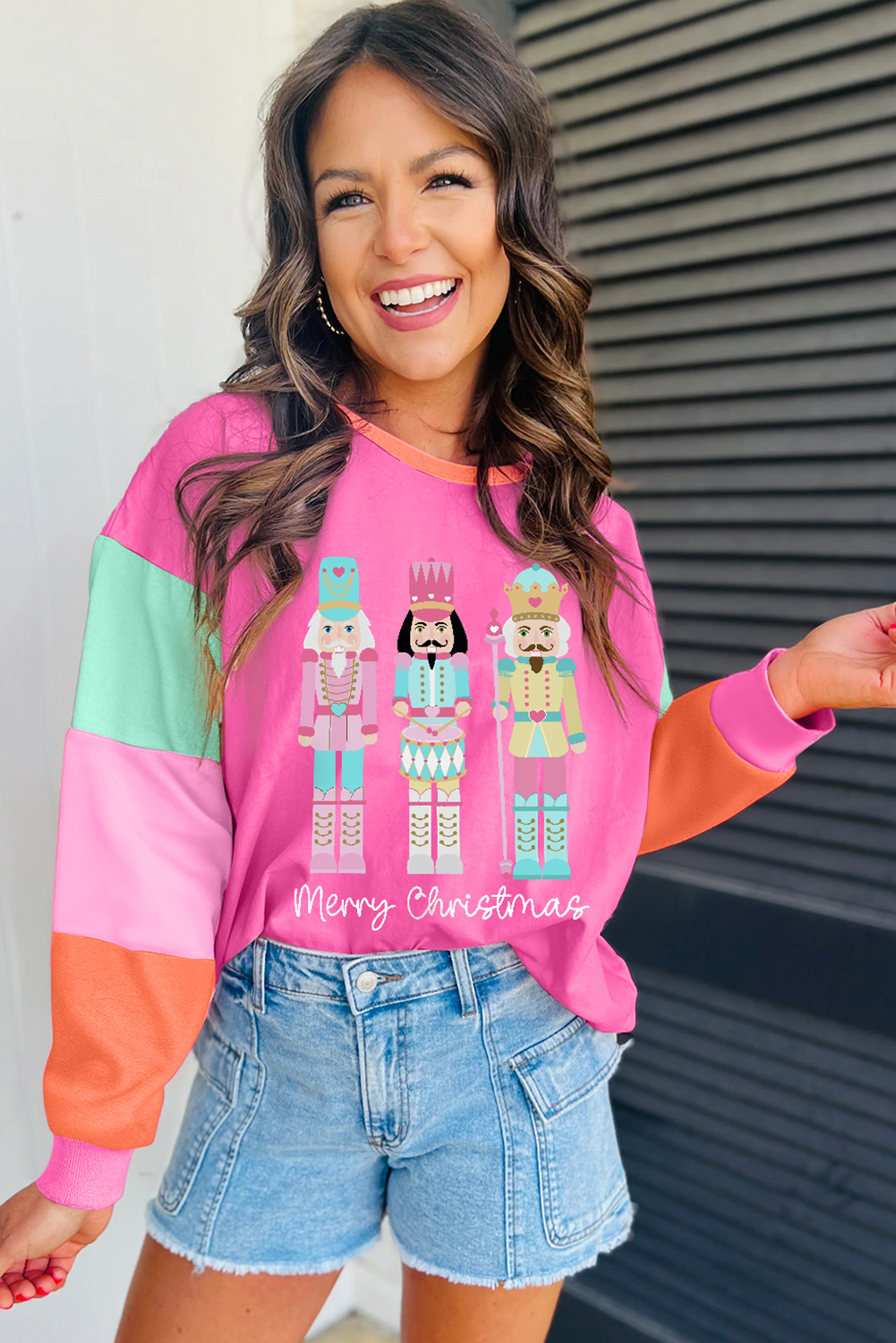 Rose Red Nutcracker Merry Christmas Graphic Colorblock Long Sleeve Tee-Graphic/Graphic Long Sleeve Tees-[Adult]-[Female]-2022 Online Blue Zone Planet