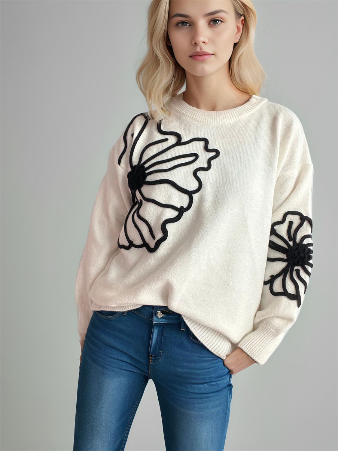 Flower Round Neck Long Sleeve Sweater-TOPS / DRESSES-[Adult]-[Female]-2022 Online Blue Zone Planet