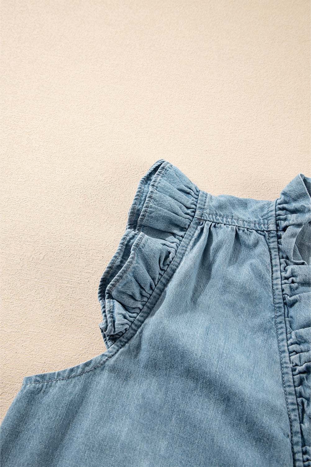 Beau Blue Frilly Ruffle Trim V Neck Chambray Tank Top-Tops/Tank Tops-[Adult]-[Female]-2022 Online Blue Zone Planet