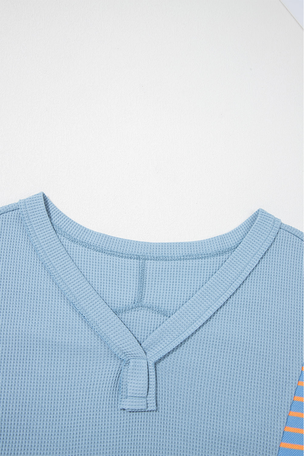 Dusk Blue Exposed Seam Waffle Striped Patchwork Baggy Pullover-Tops/Long Sleeve Tops-[Adult]-[Female]-2022 Online Blue Zone Planet
