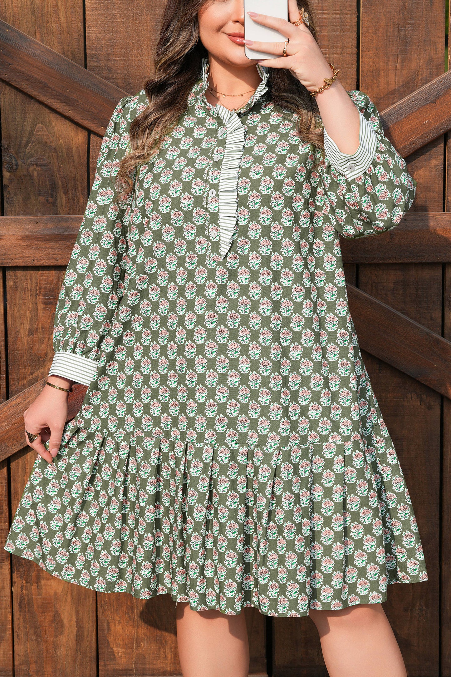 Green Contrast Striped Frilled Collar 3/4 Sleeve Plus Size Floral Dress-TOPS / DRESSES-[Adult]-[Female]-2022 Online Blue Zone Planet
