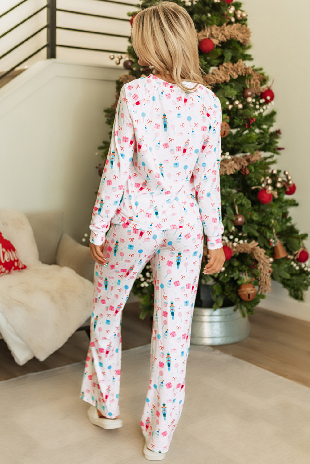 Blue Zone Planet | White Christmas Pattern Long Sleeve Top and Wide Leg Pants Set-TOPS / DRESSES-[Adult]-[Female]-2022 Online Blue Zone Planet