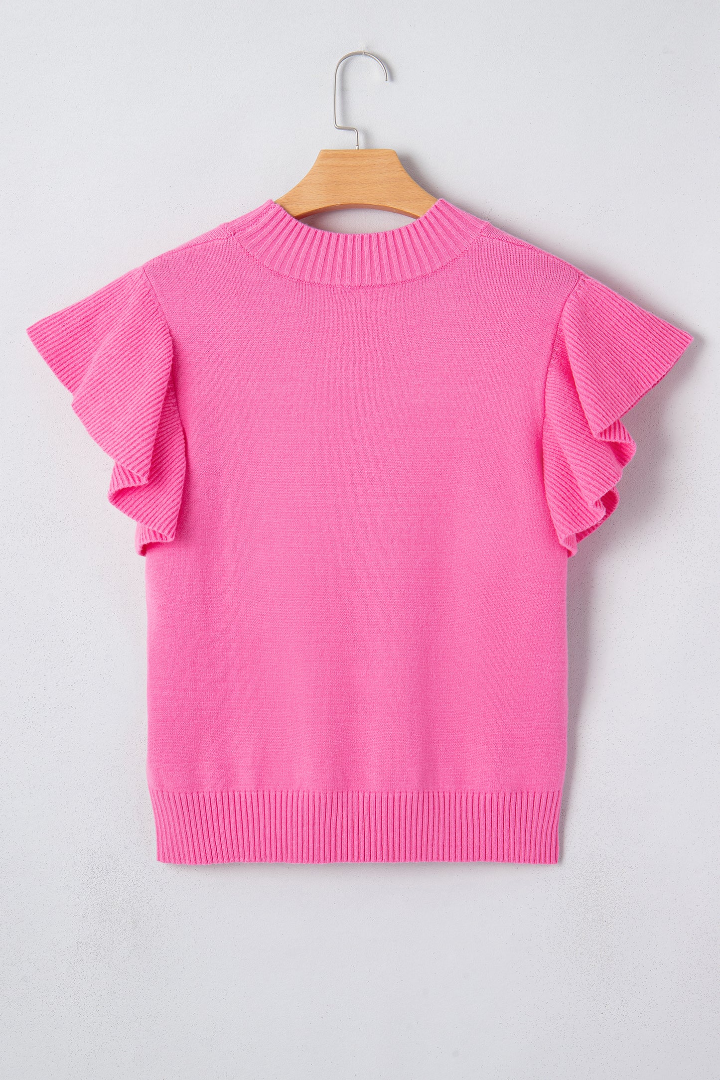 Sachet Pink Solid Color Ribbed Trim Round Neck Ruffle Short Sleeve Sweater-TOPS / DRESSES-[Adult]-[Female]-2022 Online Blue Zone Planet