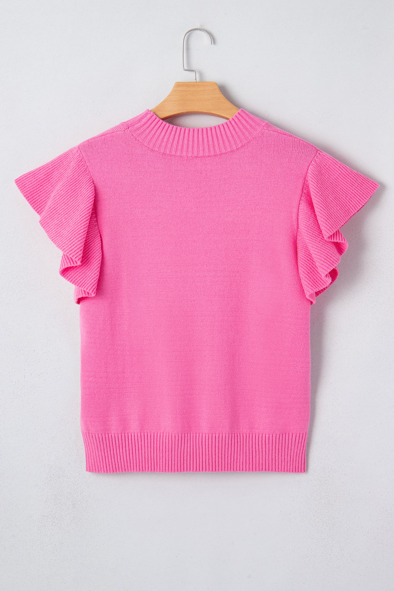 Sachet Pink Solid Color Ribbed Trim Round Neck Ruffle Short Sleeve Sweater-TOPS / DRESSES-[Adult]-[Female]-2022 Online Blue Zone Planet