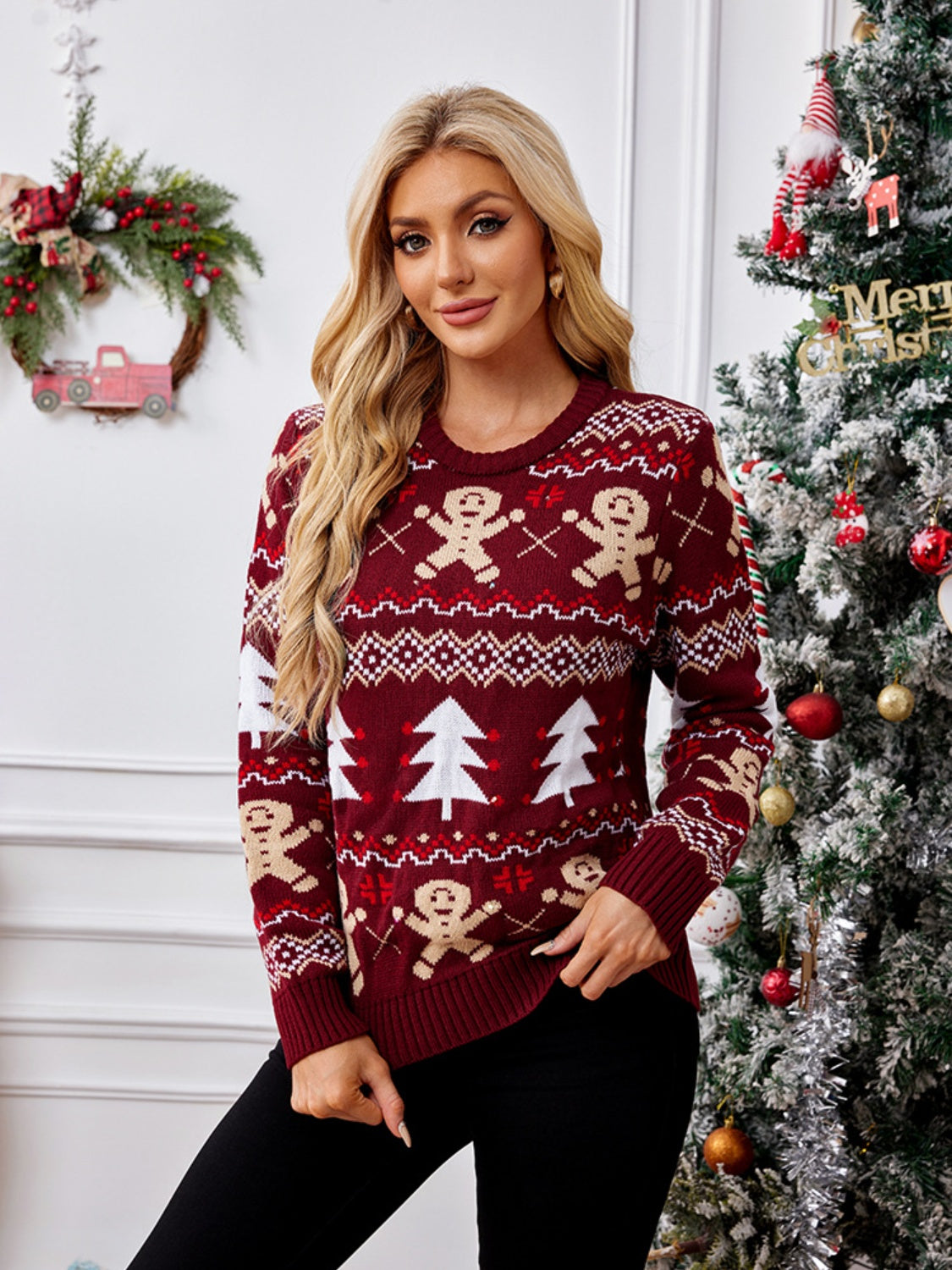 Gingerbread Round Neck Long Sleeve Sweater-TOPS / DRESSES-[Adult]-[Female]-2022 Online Blue Zone Planet