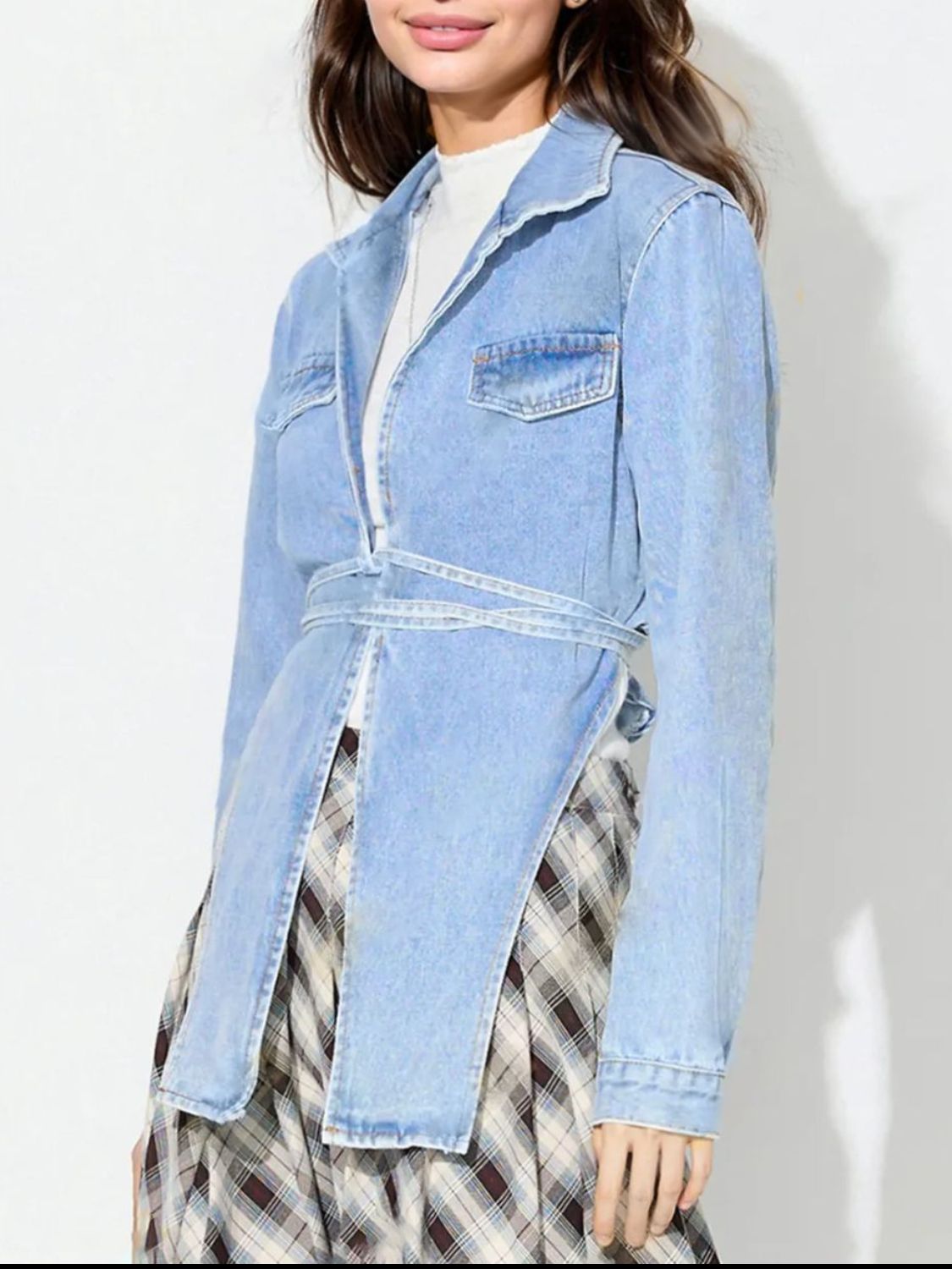 Asymmetric Slit Collared Neck Long Denim Top-TOPS / DRESSES-[Adult]-[Female]-2022 Online Blue Zone Planet