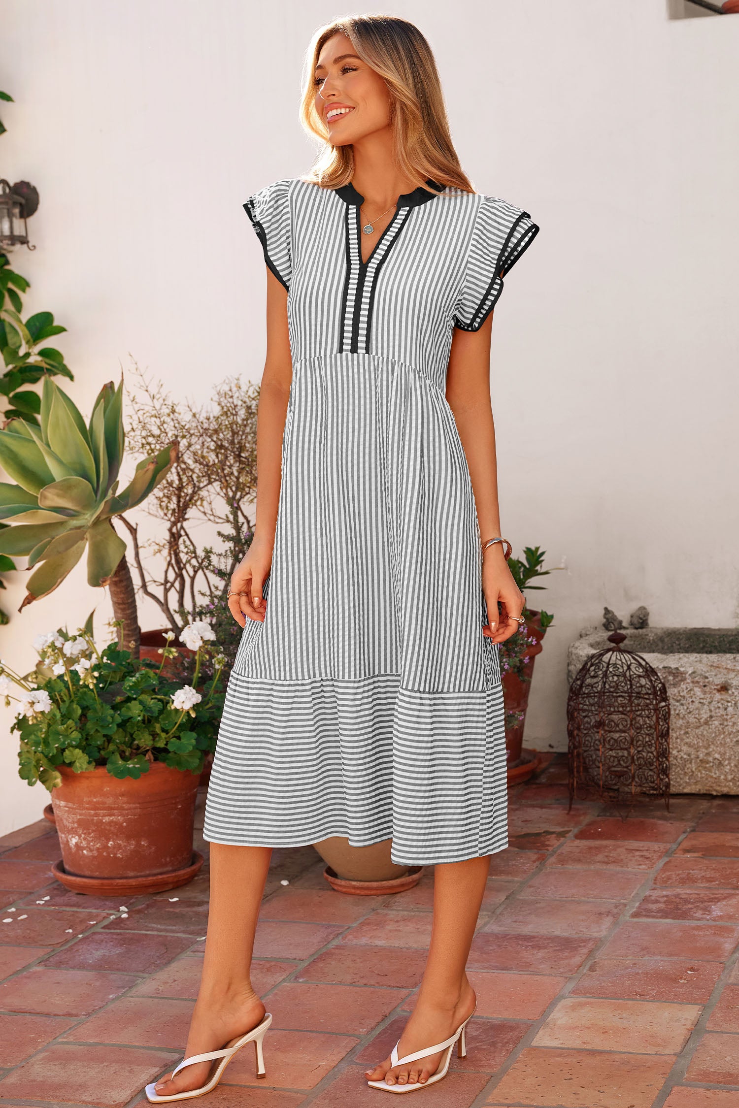 Black Stripe Contrast Trim V Neck Flutter Sleeve Casual Long Dress-TOPS / DRESSES-[Adult]-[Female]-2022 Online Blue Zone Planet