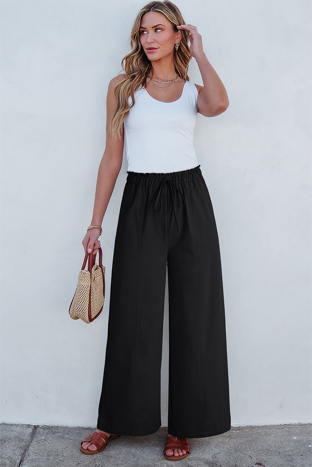 Black Solid Color Drawstring Elastic Waist Casual Loose Pants-Bottoms/Pants & Culotte-[Adult]-[Female]-2022 Online Blue Zone Planet