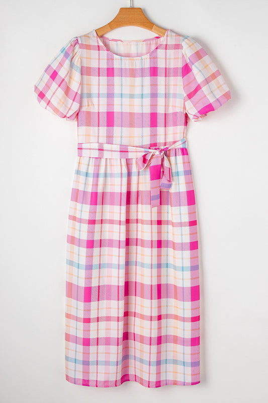 Tied Plaid Round Neck Short Sleeve Dress-TOPS / DRESSES-[Adult]-[Female]-Blush Pink-S-2022 Online Blue Zone Planet