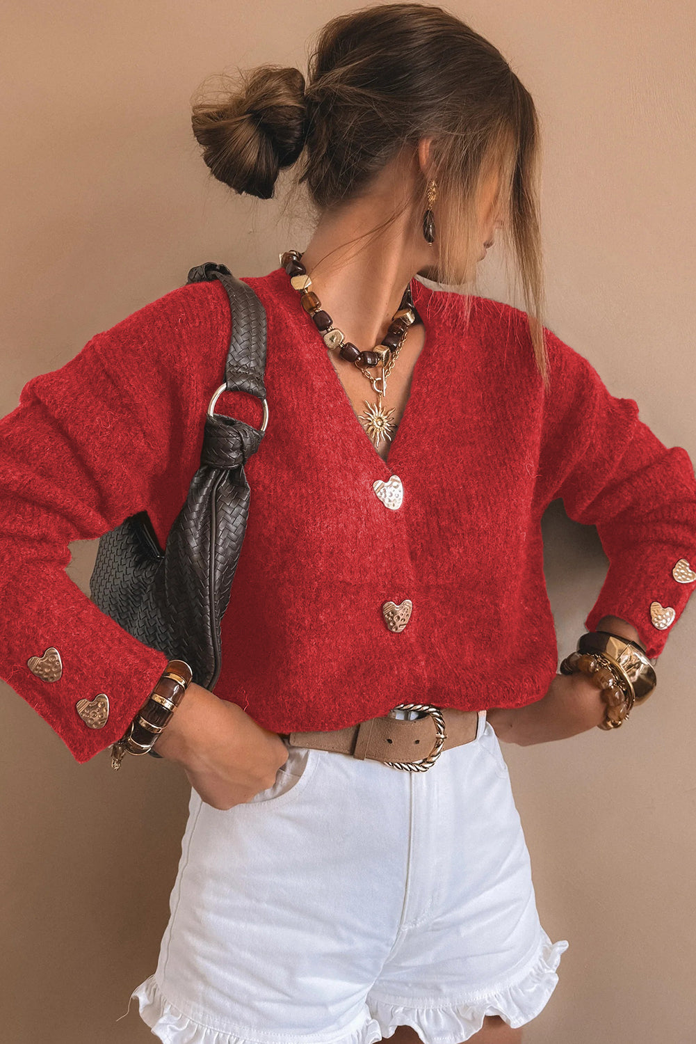 Fiery Red Heart Metal Button V Neck Cardigan Sweater-TOPS / DRESSES-[Adult]-[Female]-2022 Online Blue Zone Planet
