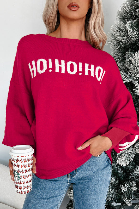Fiery Red HO HO HO MERRY CHRISTMAS Drop Shoulder Loose Sweater-TOPS / DRESSES-[Adult]-[Female]-Fiery Red-S-2022 Online Blue Zone Planet