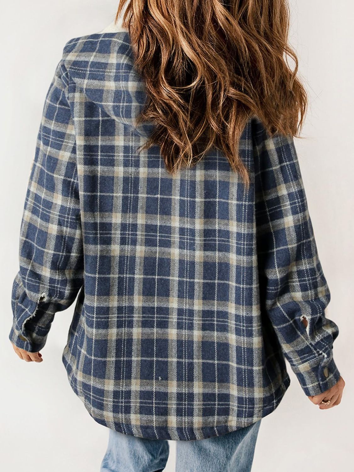 Plaid Snap Down Plush Hooded Jacket-TOPS / DRESSES-[Adult]-[Female]-2022 Online Blue Zone Planet