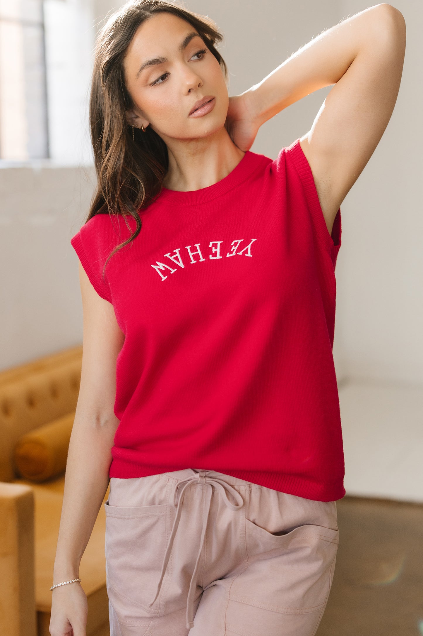 Fiery Red Yeehaw Embroidered Letter Loose Short Sleeve Sweater-TOPS / DRESSES-[Adult]-[Female]-2022 Online Blue Zone Planet