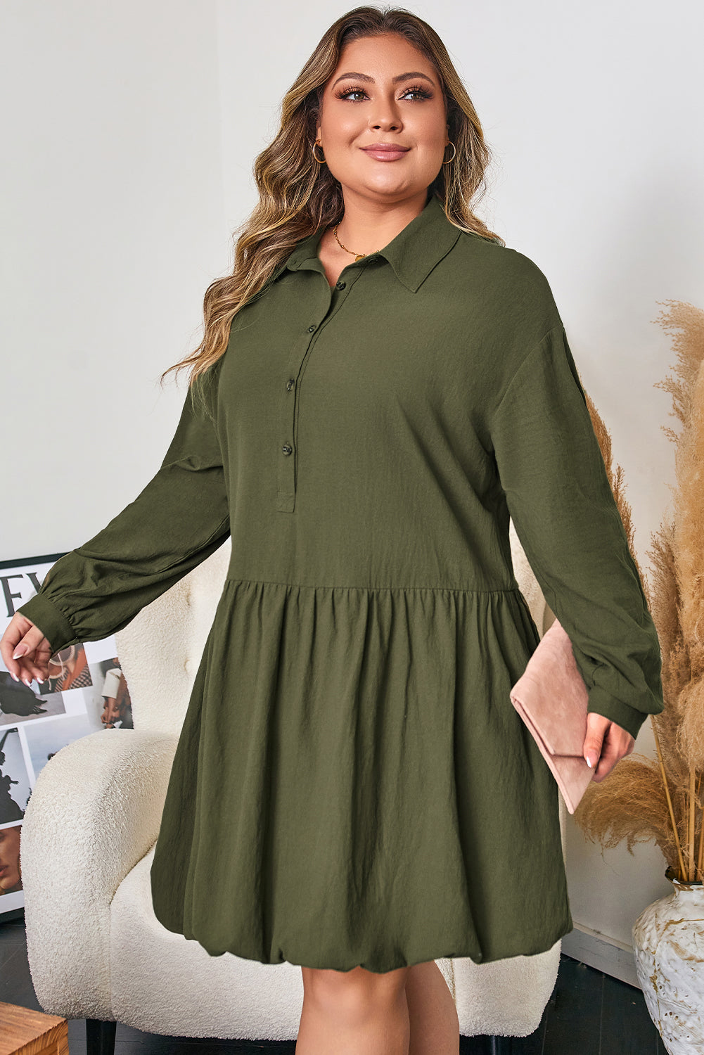 Four Leaf Clover Plus Size Collar Half Button Long Sleeve Ruffle Hem Mini Dress-TOPS / DRESSES-[Adult]-[Female]-2022 Online Blue Zone Planet