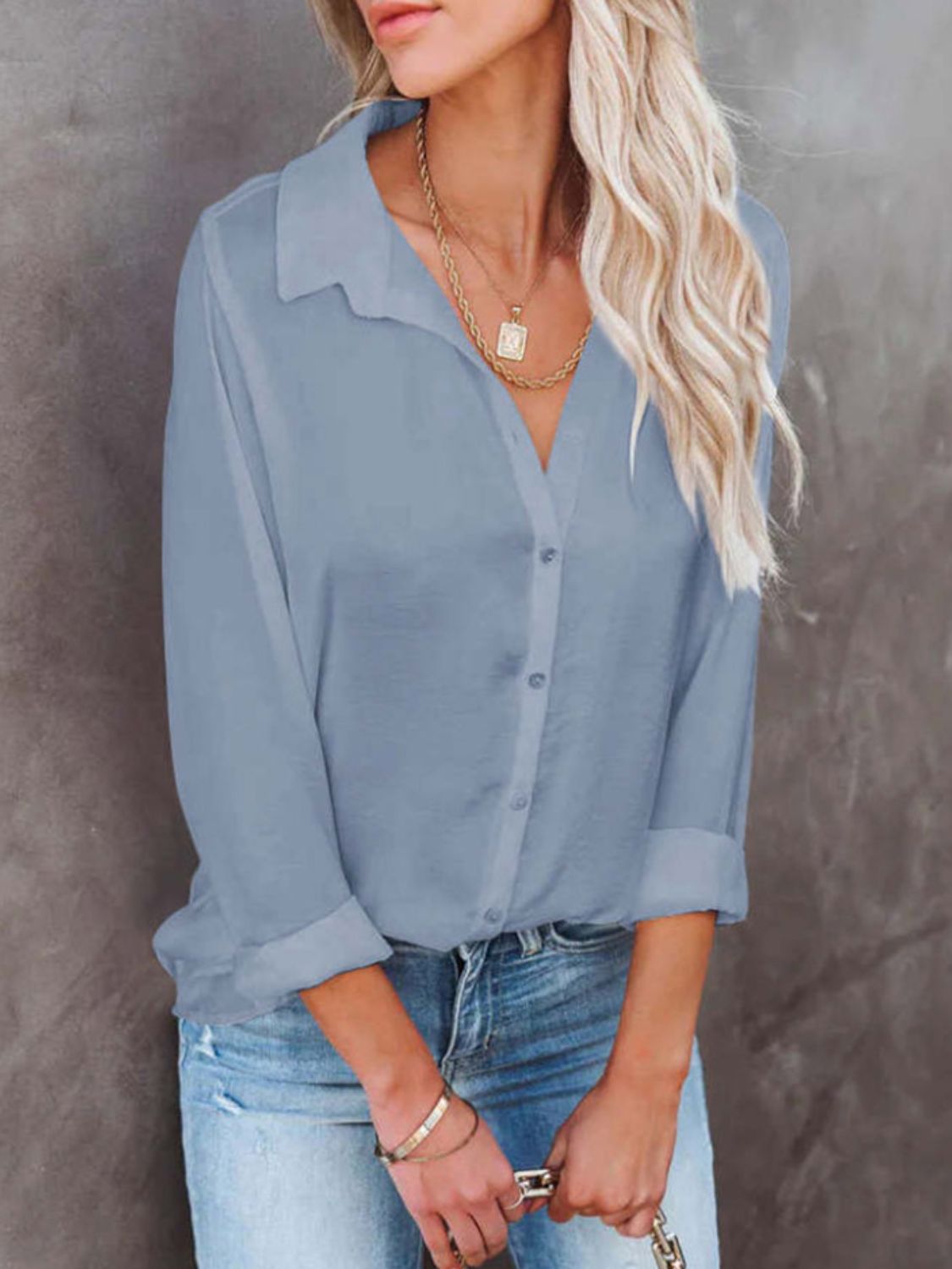 Button Down Collared Neck Long Sleeve Shirt-TOPS / DRESSES-[Adult]-[Female]-Light Blue-S-2022 Online Blue Zone Planet