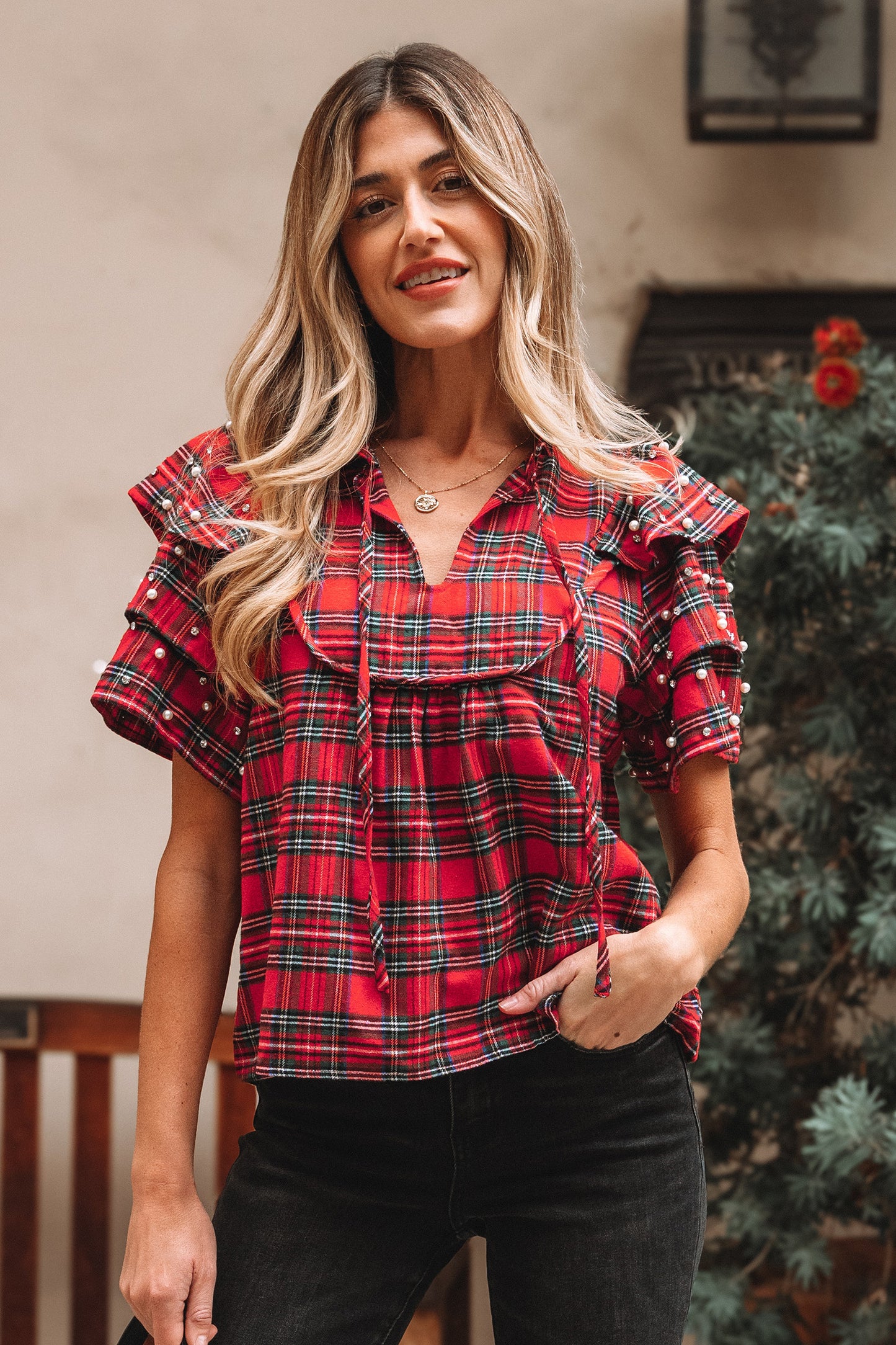 Red Festive Plaid Pearl Embellished Ruffle Short Sleeve Blouse-Tops/Blouses & Shirts-[Adult]-[Female]-Red-S-2022 Online Blue Zone Planet