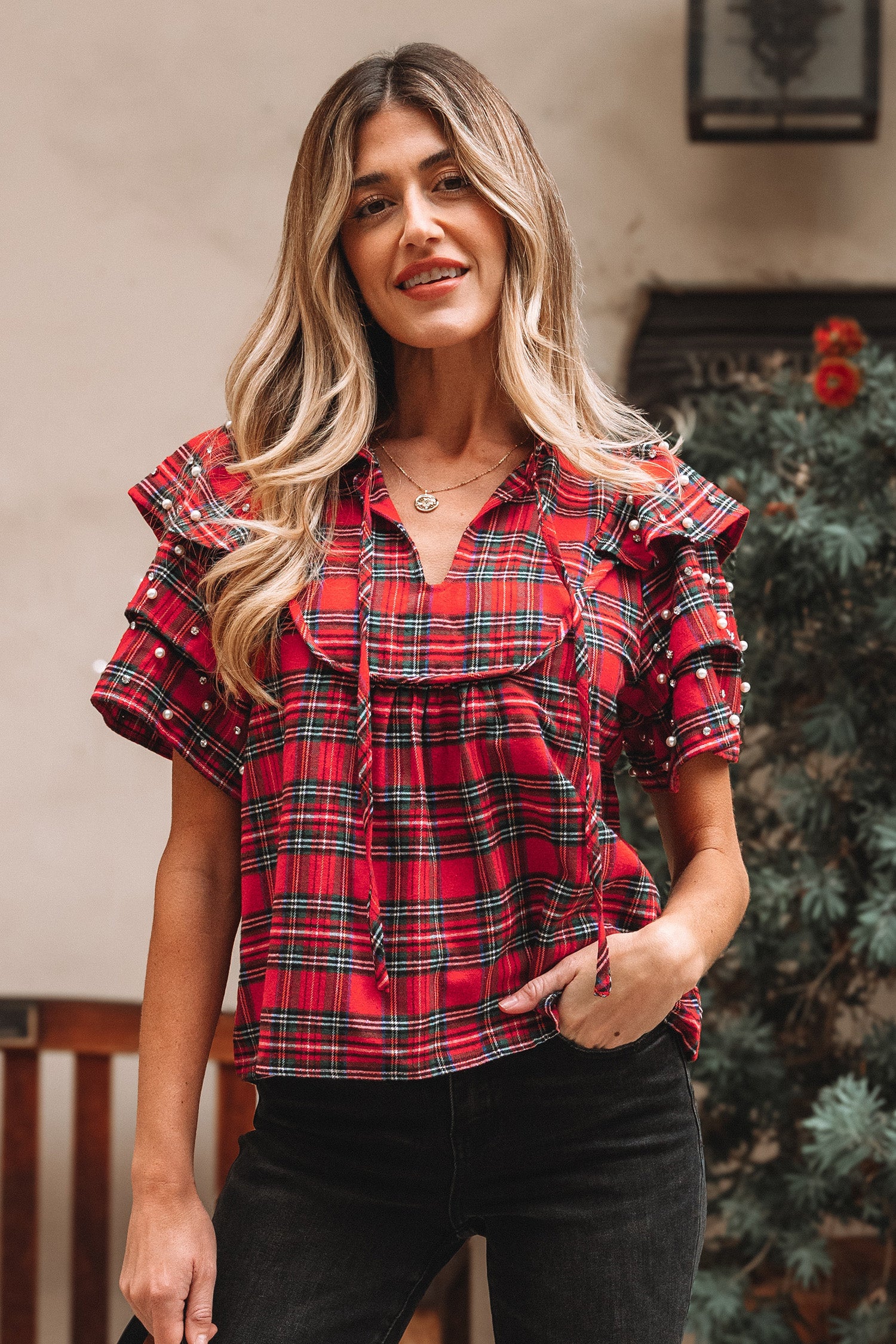 Red Festive Plaid Pearl Embellished Ruffle Short Sleeve Blouse-Tops/Blouses & Shirts-[Adult]-[Female]-Red-S-2022 Online Blue Zone Planet
