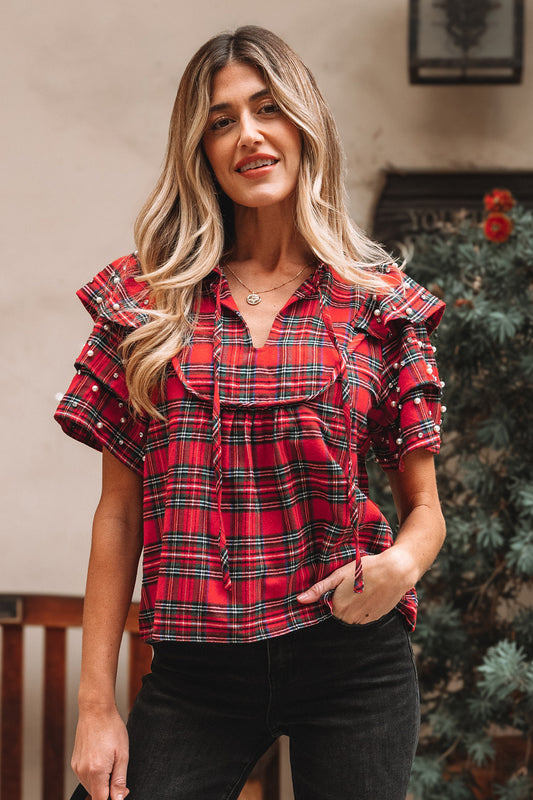 Red Festive Plaid Pearl Embellished Ruffle Short Sleeve Blouse-Tops/Blouses & Shirts-[Adult]-[Female]-Red-S-2022 Online Blue Zone Planet
