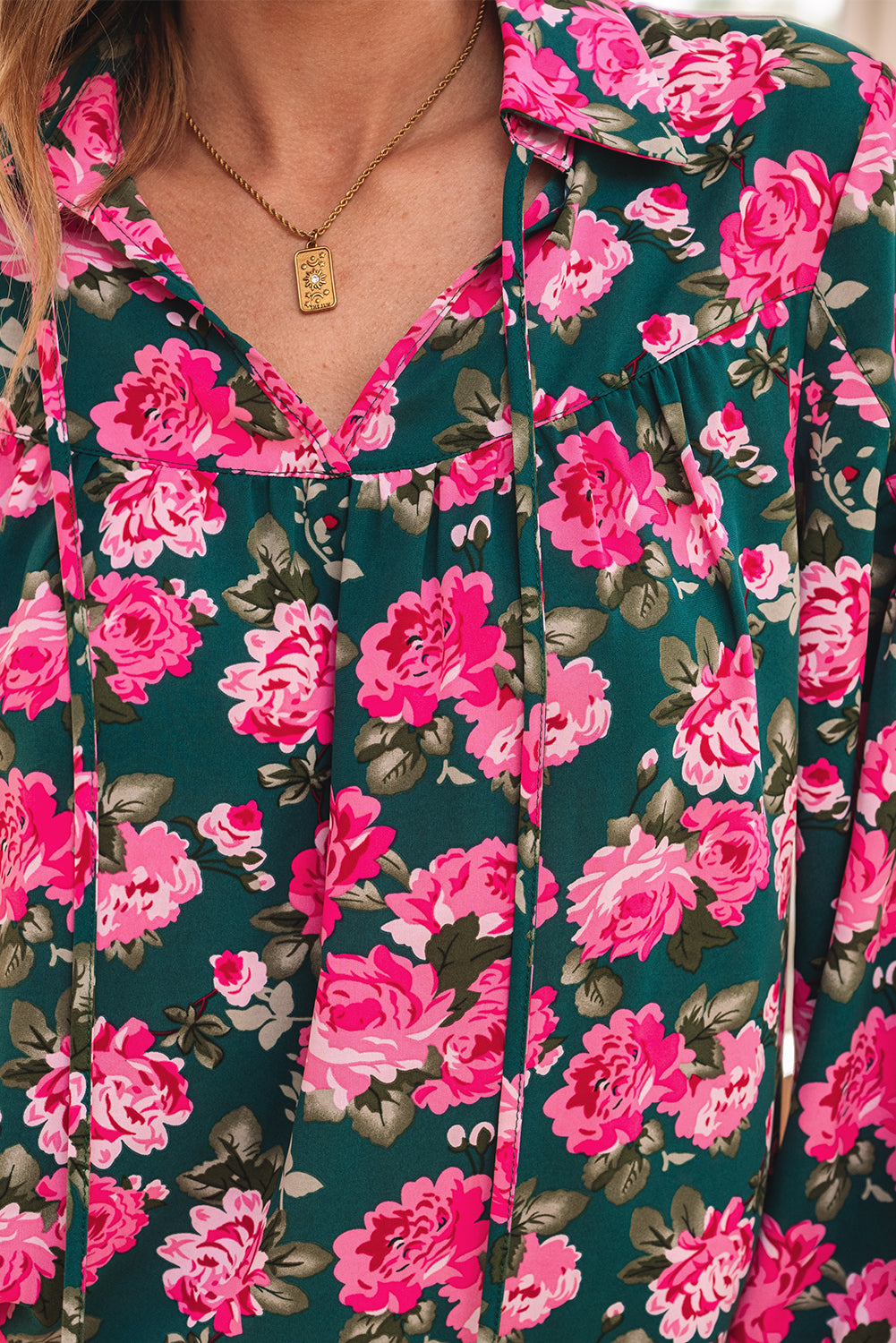 Blue Zone Planet | Green Floral Printed Tied Collar Puff Sleeve Blouse-Tops/Blouses & Shirts-[Adult]-[Female]-2022 Online Blue Zone Planet