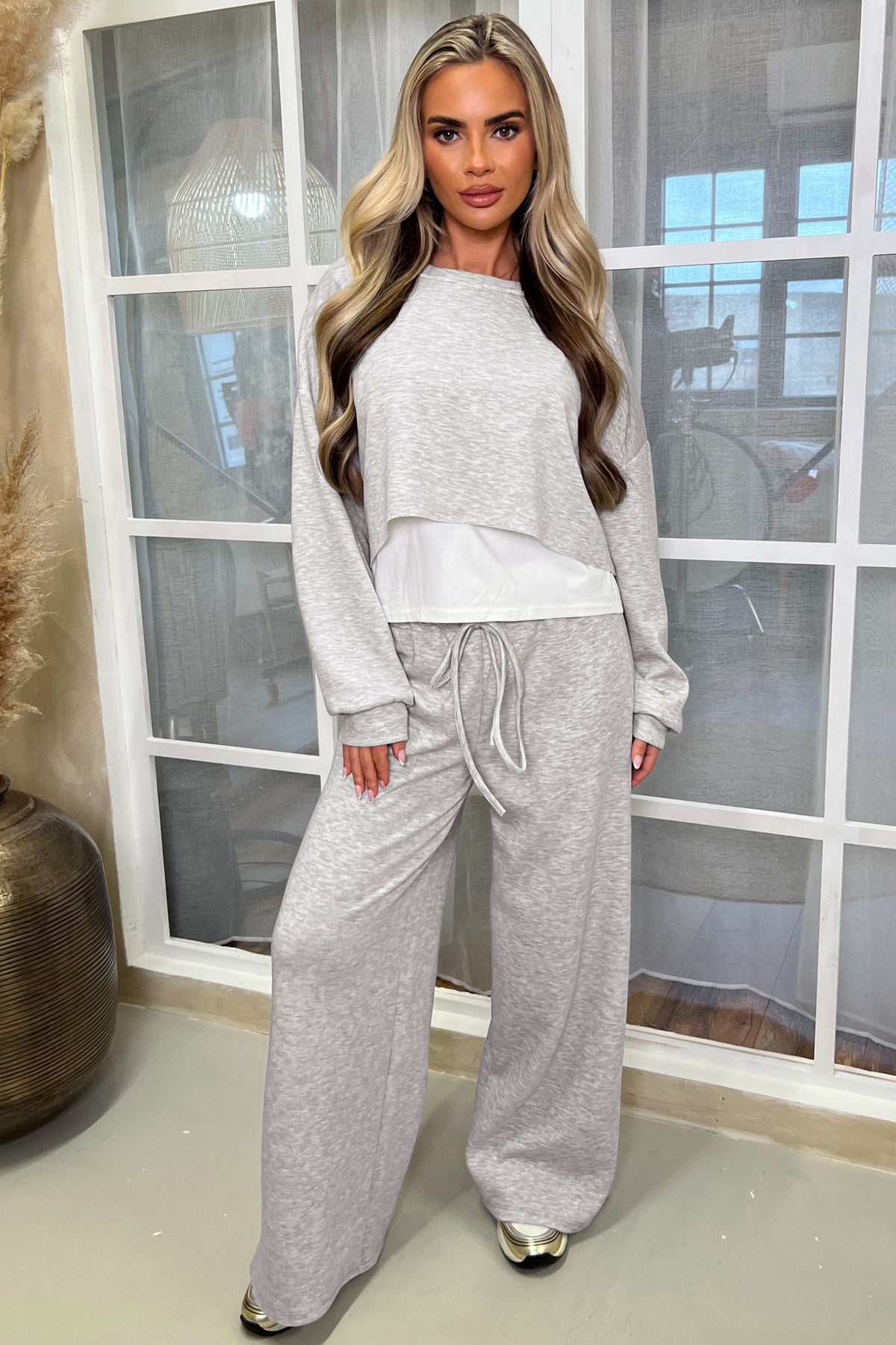 Pink Color Contrast Overlay Long Sleeve Top Drawstring Loose Pant Set