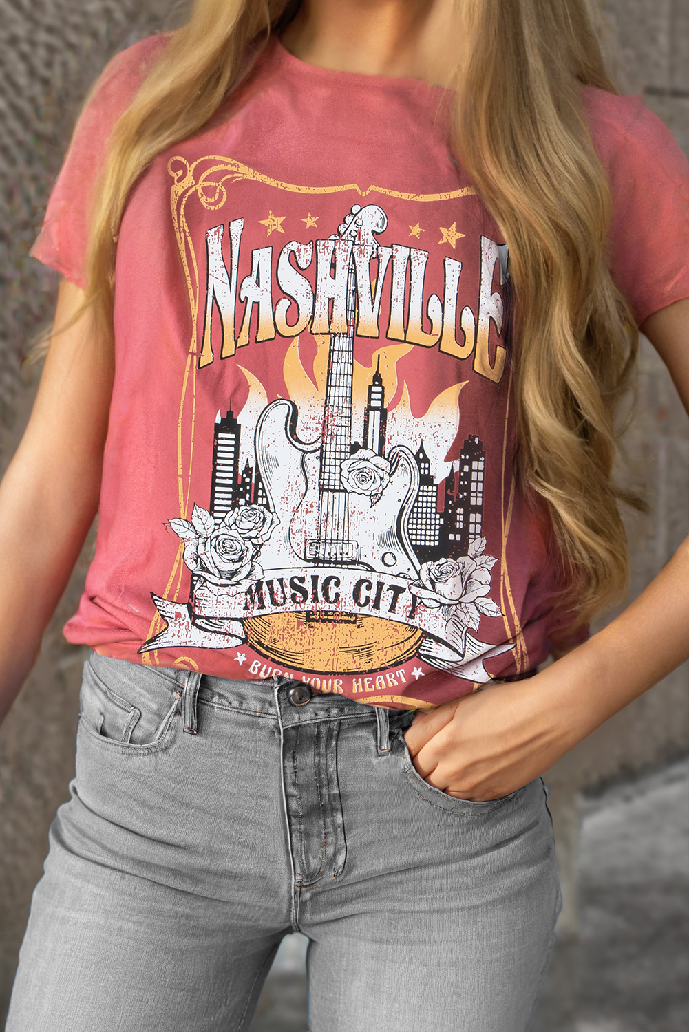 Mineral Red Nashville Music City Graphic Retro Fashion Tee-Tops/Tops & Tees-[Adult]-[Female]-2022 Online Blue Zone Planet