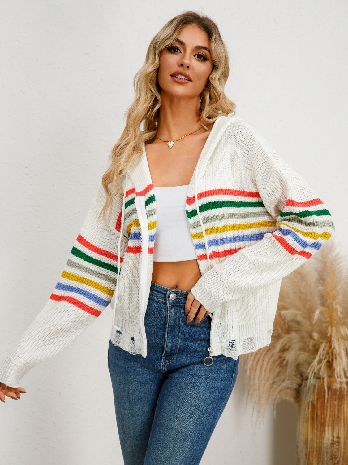 Drawstring Striped Dropped Shoulder Hooded Cardigan-TOPS / DRESSES-[Adult]-[Female]-White-S-2022 Online Blue Zone Planet