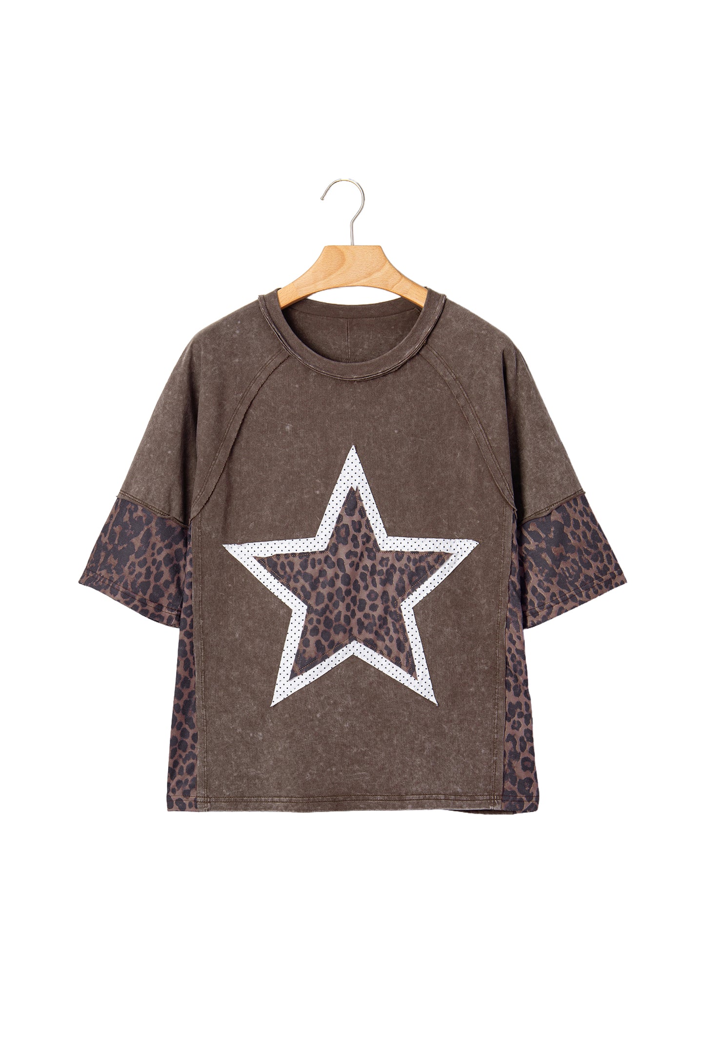 Coffee Mineral Wash Exposed Seam Leopard Star Patched T Shirt-Tops/Tops & Tees-[Adult]-[Female]-2022 Online Blue Zone Planet