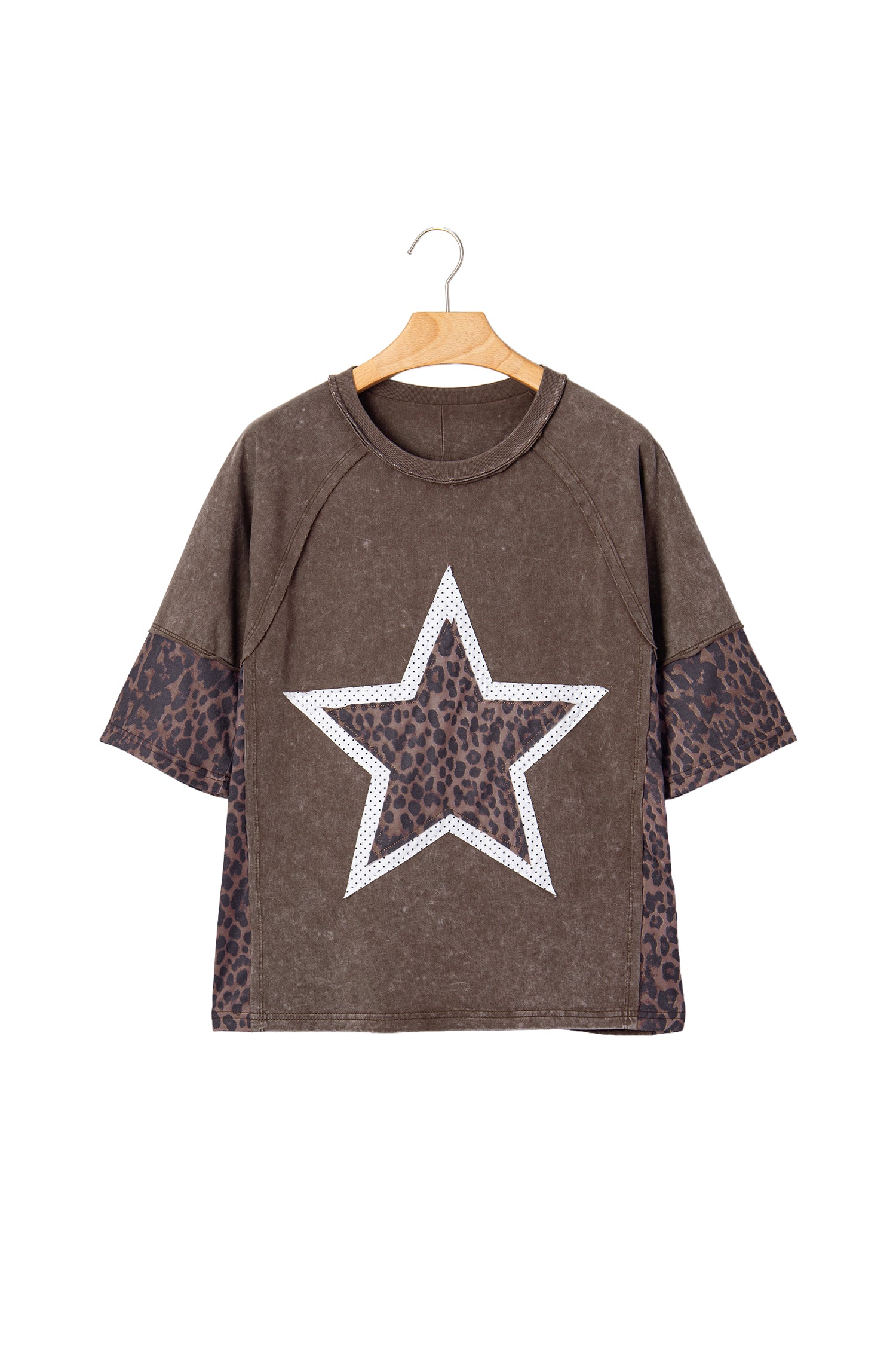Coffee Mineral Wash Exposed Seam Leopard Star Patched T Shirt-Tops/Tops & Tees-[Adult]-[Female]-2022 Online Blue Zone Planet